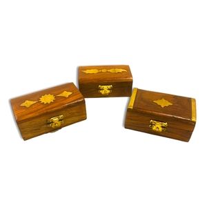 Handmade Wood & Brass Vintage Hinged Trinket Jewelry Boxes. Set of 3.